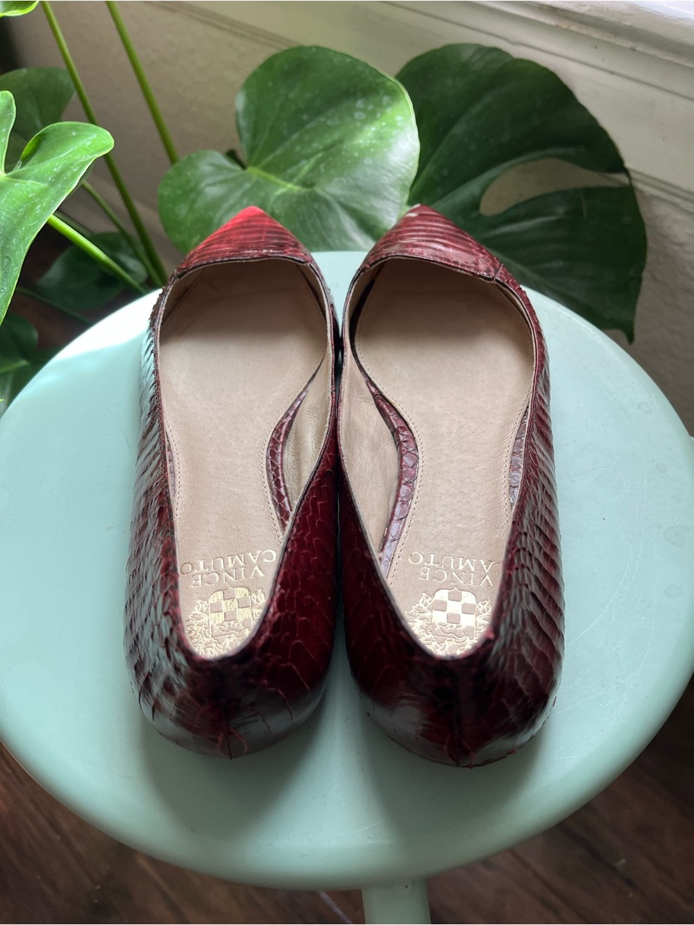 Vince Camuto Burgundy Pointed Toe Snake Embossed Leather Flats - Picture 2 of 5